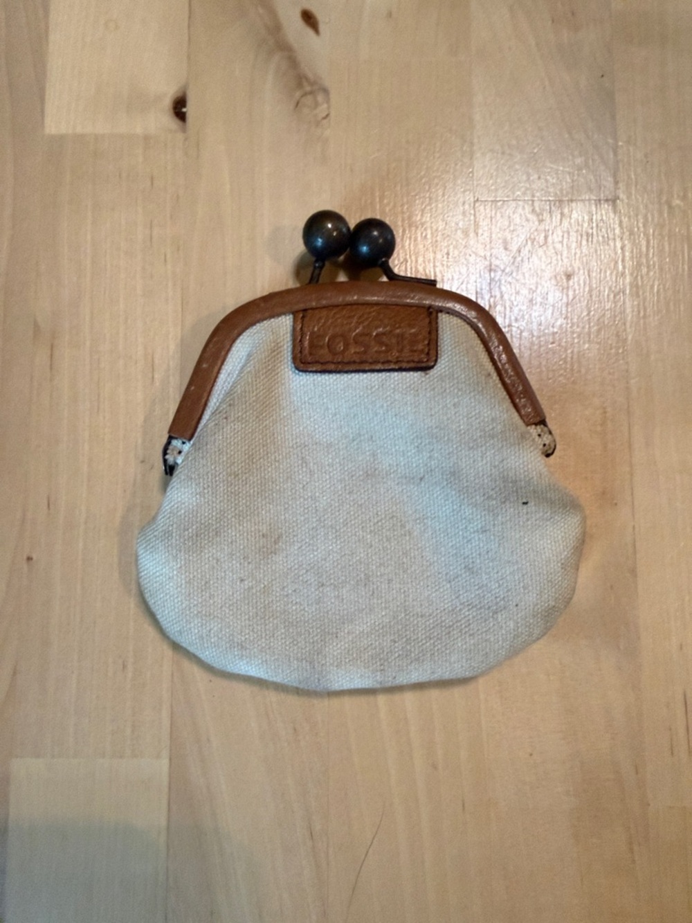 Fossil Cream Canvas Coin Purse with Brown Trim